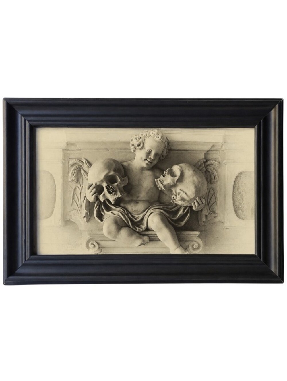 Victorian Sculpture of angel and Skeleton heads Vintage gothic halloween framed